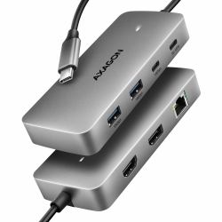 Axagon HUB USB HMC-CUB83X2, USB 10Gbps hub, 2x USB-A, USB-C, HDMI & DP 4k/144Hz, RJ-45 GLAN, PD 100W, kabel USB-C 15cm Alámbrico USB 3.2 Gen 2 [3.1 Gen 2] Type-C Gris 