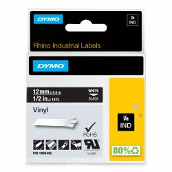 DYMO Rhino Etiquetas industriales de vinilo | 12 mm x 5,5 m | Impresión en blanco sobre negro | Autoadhesivas | Para etiquetadoras LabelManager y Rhino 