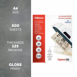 Fellowes A4 Laminating Pouches Gloss Finish 500 Sheets 125 Micron High Quality Finish