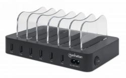 Manhattan Estación de carga con 6 puertos USB-A, salidas 6 × 2,4 A, Smart IC, indicadores LED, color negro, garantía de tres años 