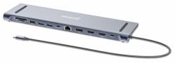 Manhattan Dock/hub USB-C con lector de tarjetas, puertos [10]: audio 3,5 mm, DisplayPort, Ethernet, 2x HDMI, 3x USB-A y 2x USB-C,con PD 100 W-requiere cargador USB-C externo [no incluido].Alimentado por USB [no requiere alimentación externa] cuando no se utiliza PD 