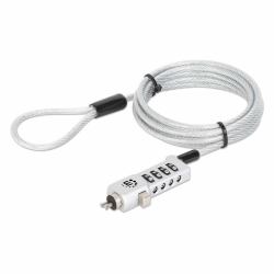 Manhattan Candado combinatorio universal para portátil [Noble Wedge®, Nano y K-Slot], antirrobo 3 en 1, combinación reiniciable de 4 dígitos, cable 1,8 m de acero al carbono resistente al corte, funda PVC translúcida, plata 
