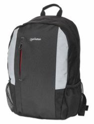 Manhattan Mochila York 16", negra/gris, compartimento acolchado para portátil, bolsillo frontal grande, asa de transporte, dos bolsillos exteriores para botellas de agua 