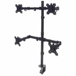 Manhattan Soporte de sobremesa para 4 monitores, pantallas 10"–27", base o abrazadera, Compatibilidad VESA: 75x75 y 100x100 mm [verifique las dimensiones de los cuatro orificios de montaje traseros], carga máxima 8 kg [cada uno], negro 