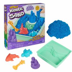 Spin Master Kinetic Sand - Set Sandbox: con Arenero, 454 g de Arena Mágica Azul y 4 Accesorios - Kit Manualidades Niños - Juguetes Niños 3 Años + 