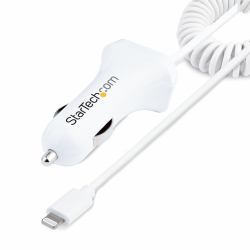 StarTech.com Cargador de Coche con Cable Rizado Lightning, Cable de 1m Rizado Lightning 12W Blanco, Cable Adaptador Cargador de Coche de 2 Puertos para iPhone y Tablet, Cargador 2x USB 