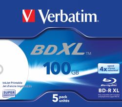 Verbatim Paquete de cinco en caja Jewel con área de impresión ancha para impresoras de inyección de tinta 4x 100 GB* BD-R XL 