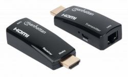 Manhattan Kit extensor HDMI compacto 1080p@60 Hz por Ethernet, extiende la señal hasta 60 m mediante un solo cable Ethernet Cat6, incluye transmisor y receptor, alimentación a través del cable, ...