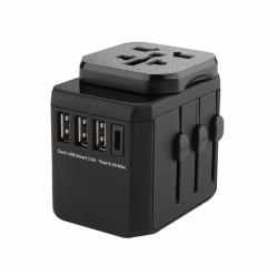 Microconnect MC-TRAVELADAPTER3 conector eléctrico Negro (World Travel Adapter, 3 USB A - ports and 1 USB-C port, with - Universal to EU power plug - Warranty: 300M)