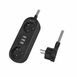 Outlet Strip, 3 safety - sockets, w/ 3x USB Port, w/ - textile cable, black - Warranty: 48M
