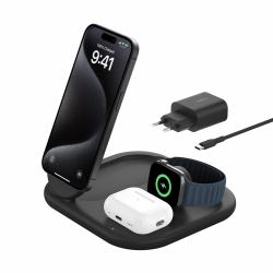 Belkin BoostCharge Auriculares, Smartphone, Reloj inteligente Negro USB Cargador inalámbrico Carga rápida Interior (Belkin BoostCharge 3-in-1 Charging Stand black)