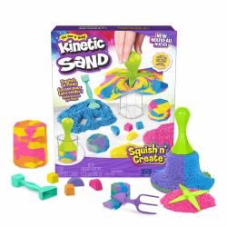 Kinetic Sand , Set Aplasta y Crea con 382 g de arena para jugar azul, amarilla y rosa, 5 herramientas, juguetes sensoriales para niños a partir de 3 años (Kinetic Sand KNS ACK Squish N Create F)
