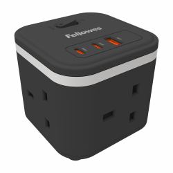 Fellowes Power Cube 3x230v 1xUSB-A 2x USB-C Socket 2m Cable Black - 100136979 base múltiple 3 salidas AC Interior Negro, Blanco (Power Cube Type G - Black)