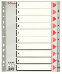 Esselte 100124 lengüeta de índice Separador numérico con pestaña Polipropileno [PP] Gris, Rojo, Blanco (Esselte register PP A4 maxi 1-10 grÃ¥)